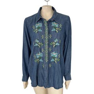 NORTH STYLE 100% Lyocell Embroidered Button Front Chambray Tunic Shirt  SZ XL
